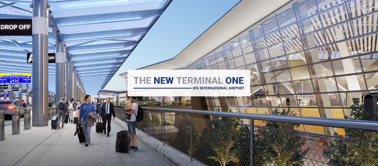 Crowd of travelers at an airport drop-off area featuring modern architecture and signage for JFK International Airport's new terminal.