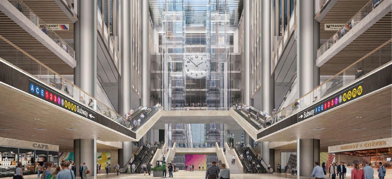 A modern transit hub featuring multiple escalators, a large clock, and clear signage for subway lines, bustling with people.