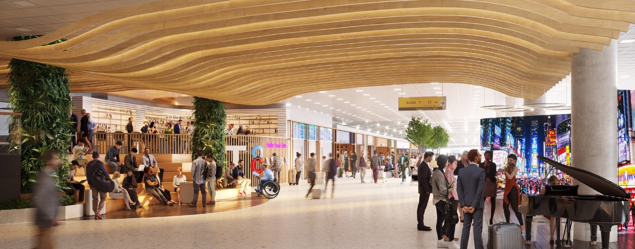 A modern airport interior featuring a wooden wave ceiling, vibrant greenery, and travelers in various activity areas, including dining and music.